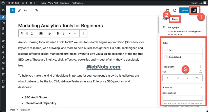 Настройки блока абзацев в Гутенберге