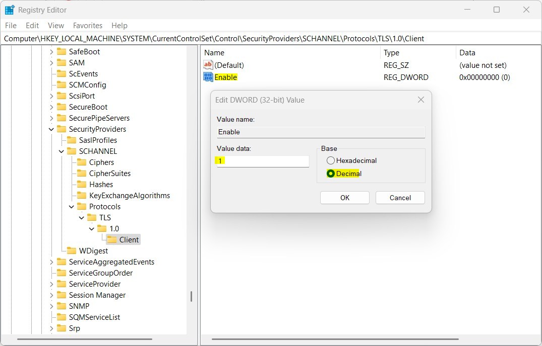 Повторно включите TLS 1.0 и 1.1 в Windows 11.