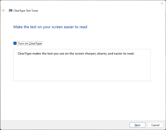 Включите ClearType и нажмите «Далее».