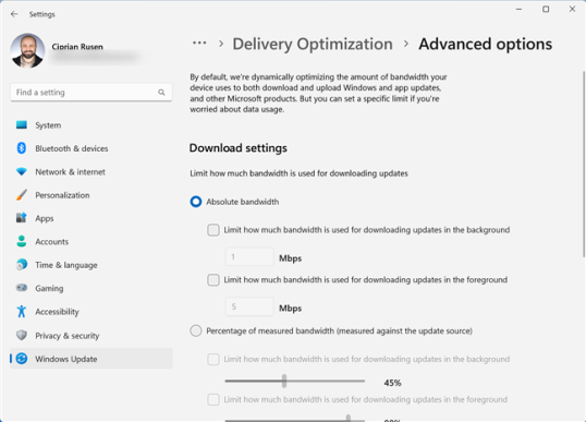 Установите ограничения пропускной способности для оптимизации доставки в Windows 11.