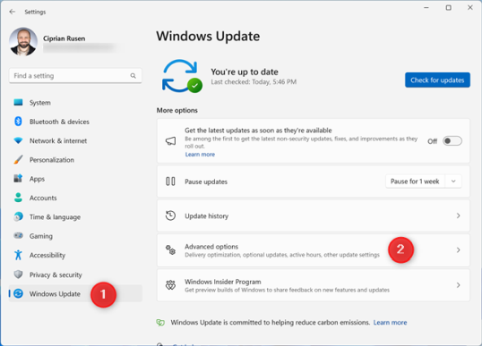 В настройках Windows 11 выберите «Центр обновления Windows» > «Дополнительные параметры».