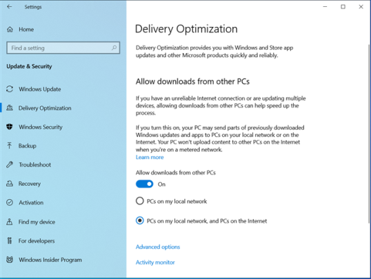 Оптимизация доставки в Windows 10
