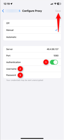 Настройки аутентификации для прокси-сервера iPhone