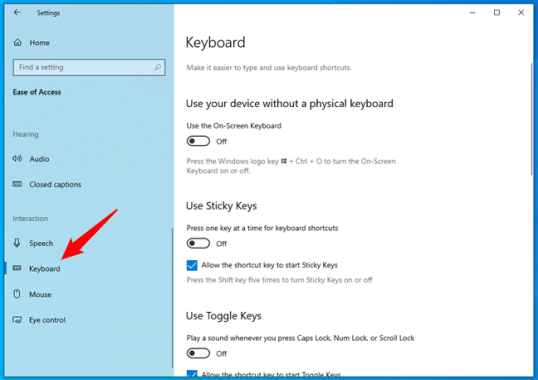 Выберите «Клавиатура» на левой боковой панели.