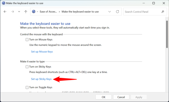 Настройте липкие клавиши в панели управления.