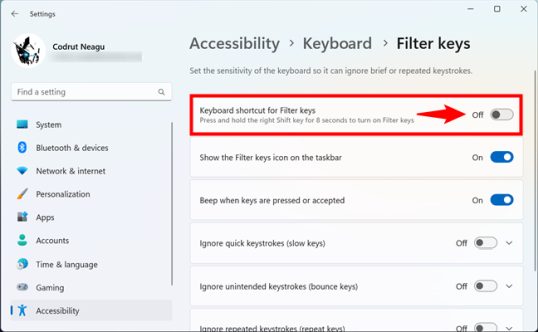 Как отключить фильтрацию клавиш в Windows 11