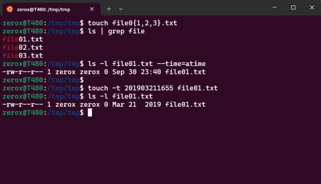 изменение даты создания файла с помощью touch