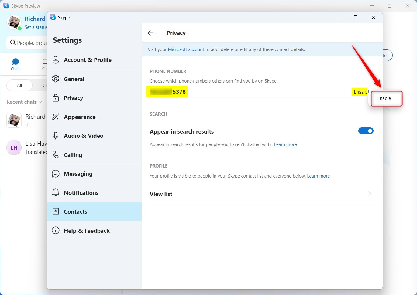 Включить или исключить номер телефона в результатах поиска Skype