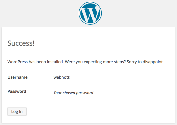 Успешная установка WordPress