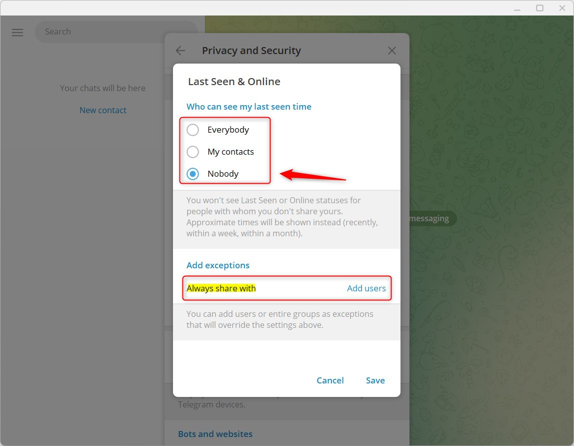 В Telegram изменилось, кто может видеть ваше последнее посещение и статус в сети.