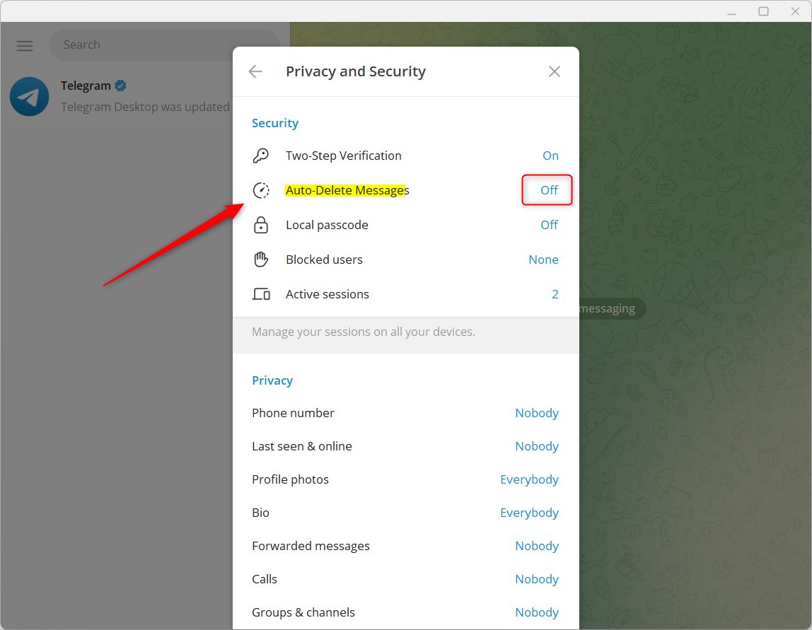 Telegram включает или выключает автоматическое удаление сообщений
