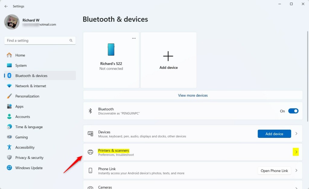 Плитка настроек Windows 11 «Принтеры и сканеры»