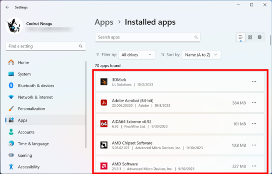 Список приложений, установленных на ПК с Windows 11