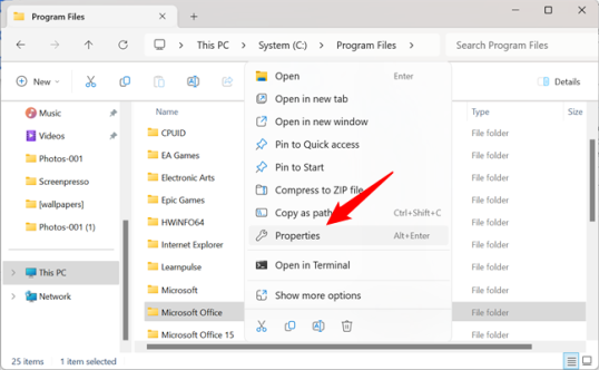 Выберите «Свойства» в контекстном меню.