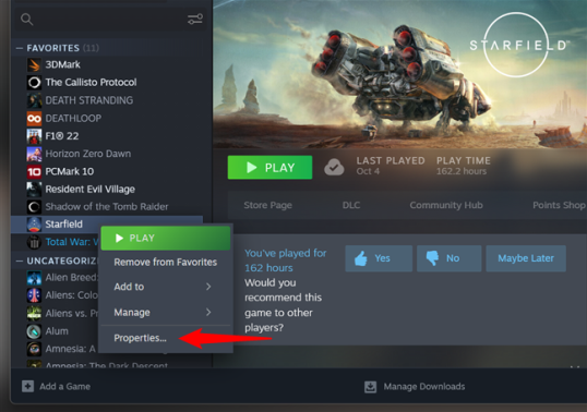 Выберите «Свойства» в контекстном меню игры.