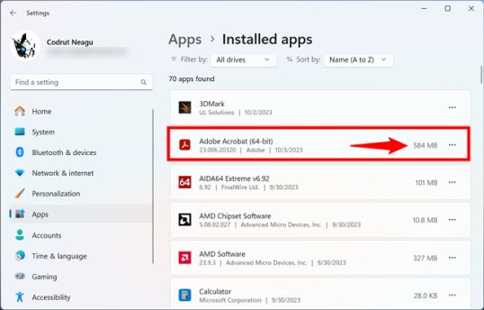 Как проверить размер приложения в настройках Windows 11