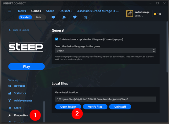 Для игры Ubisoft перейдите в ее «Свойства» и «Открыть папки».
