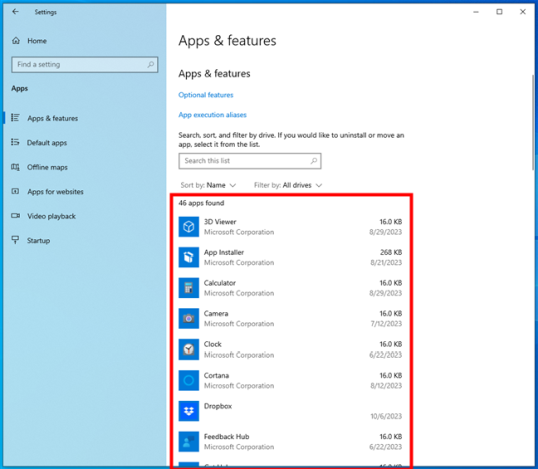 Приложения, установленные на компьютере с Windows 10