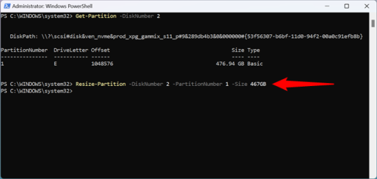Использование Resize-Partition PowerShell для сжатия раздела
