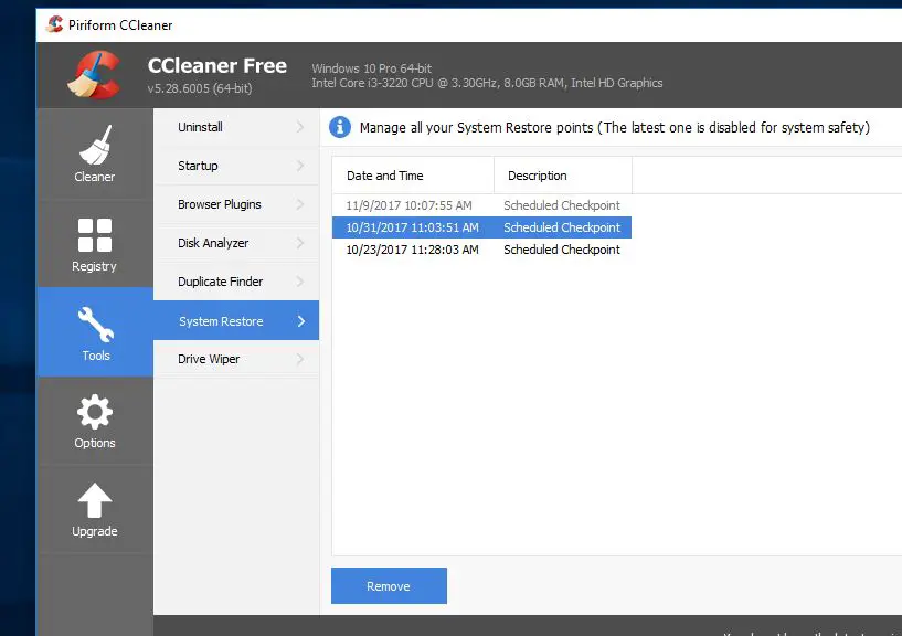 Удалить точку восстановления системы с помощью CCleaner