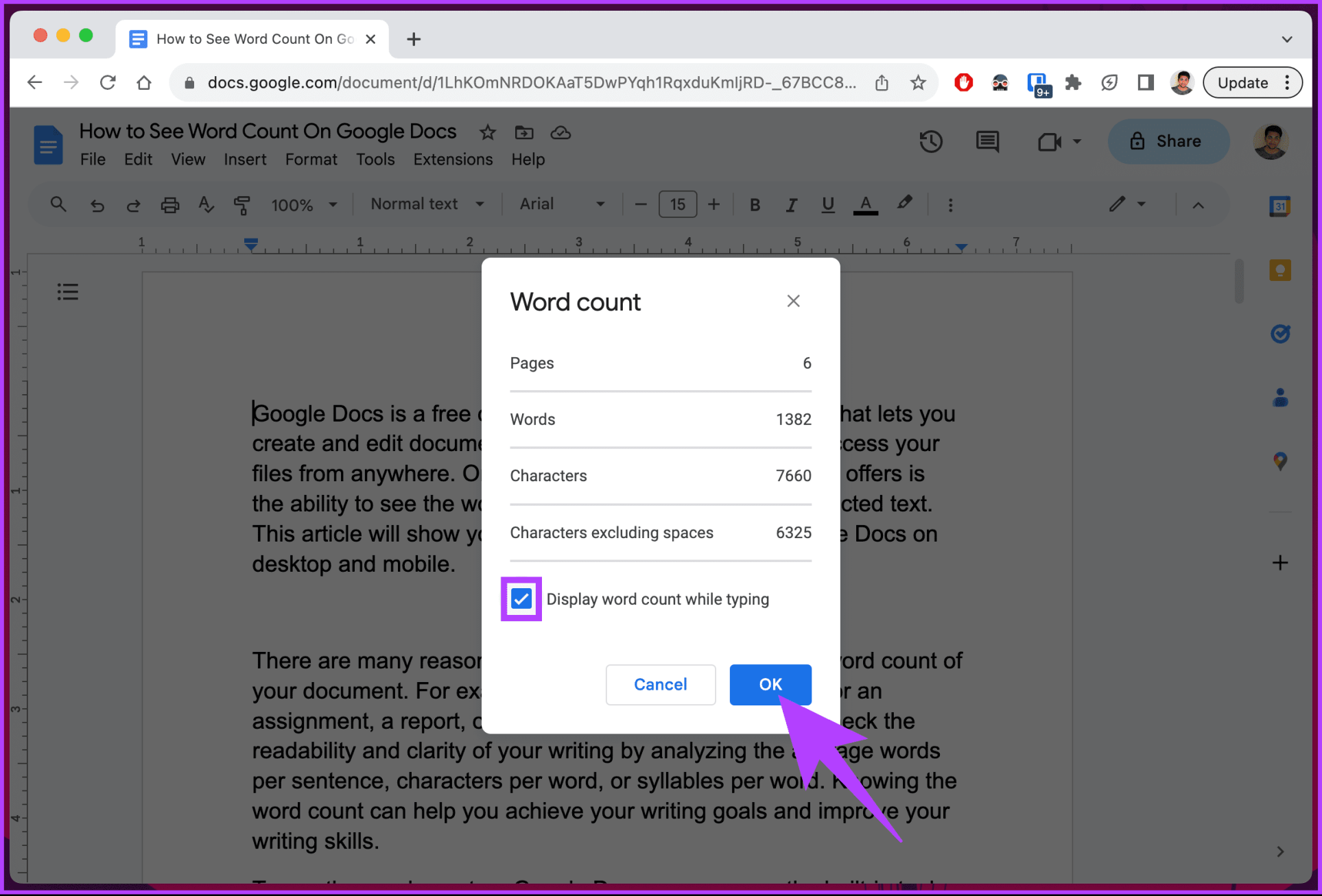 Отображение количества слов во время набора текста