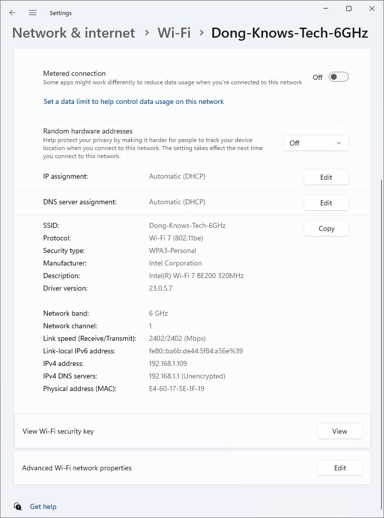 Состояние подключения Intel BE200 320 МГц