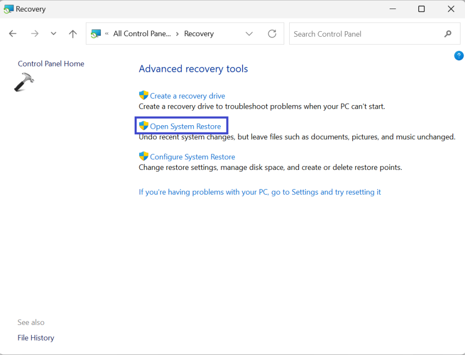 Исправлено: «Возникла проблема при перезагрузке вашего компьютера» в Windows 11 — откройте восстановление системы.