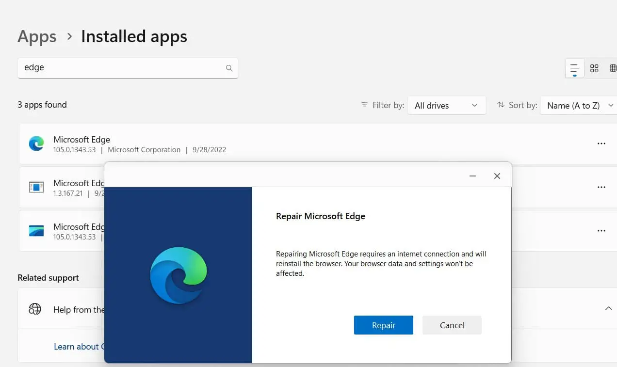 Восстановить Microsoft Edge Windows 11