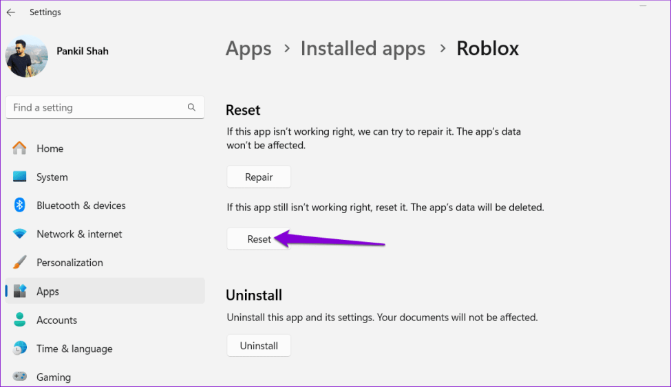 Сбросить Roblox в Windows