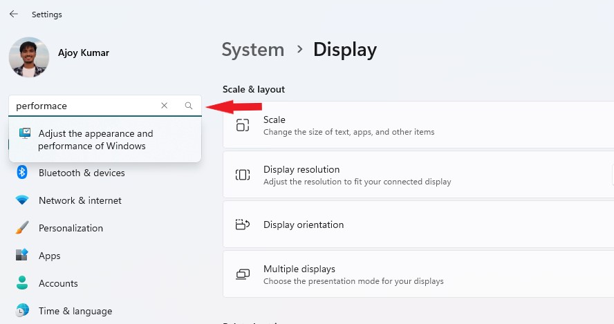 Поиск настроек Performance в настройках
