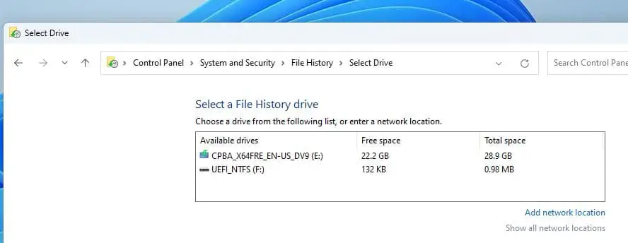 Выберите диск для резервного копирования файлов