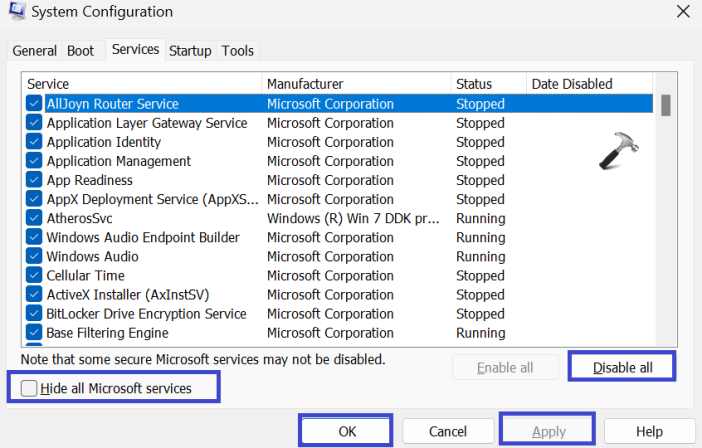 Скрыть все службы Microsoft