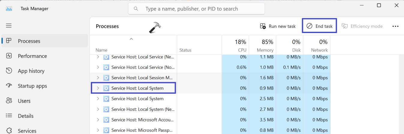 Исправлено: высокая загрузка ЦП хоста службы в Windows 11 1.