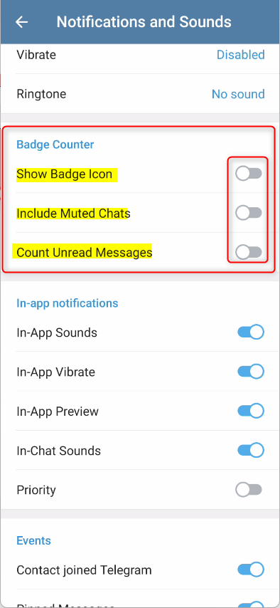 Счетчик значков Telegram для сообщений отключен