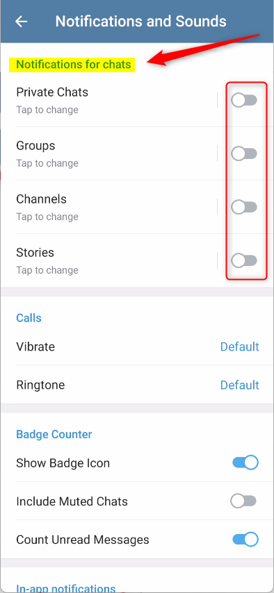 Уведомления в приложении Telegram отключены