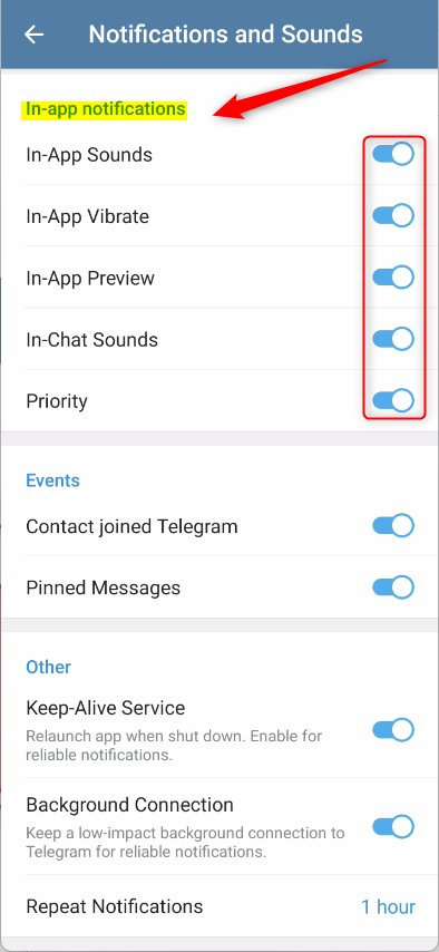 Уведомления в приложении Telegram включены
