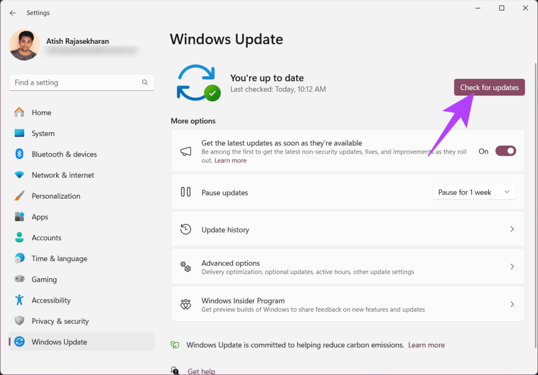 Нажмите кнопку «Проверить наличие обновлений».