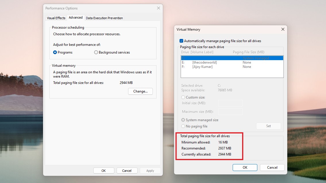 Настройки виртуальной памяти