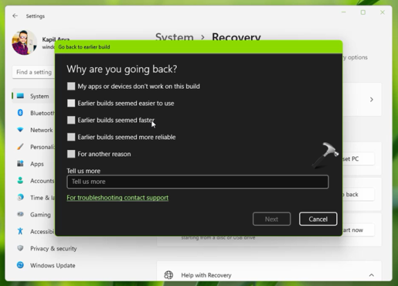 Понизить версию или вернуться к более ранней сборке Windows 11