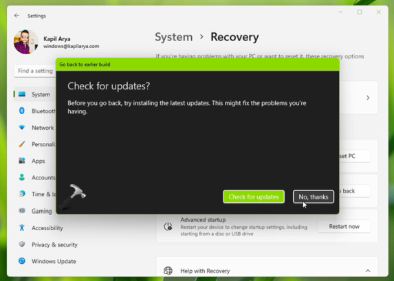 Понизить версию или вернуться к более ранней сборке Windows 11