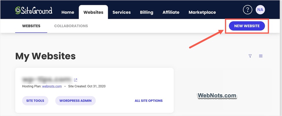 Добавить новый сайт в SiteGround