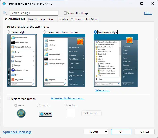Выберите стиль меню «Пуск» и кнопку с помощью меню «Открыть оболочку».