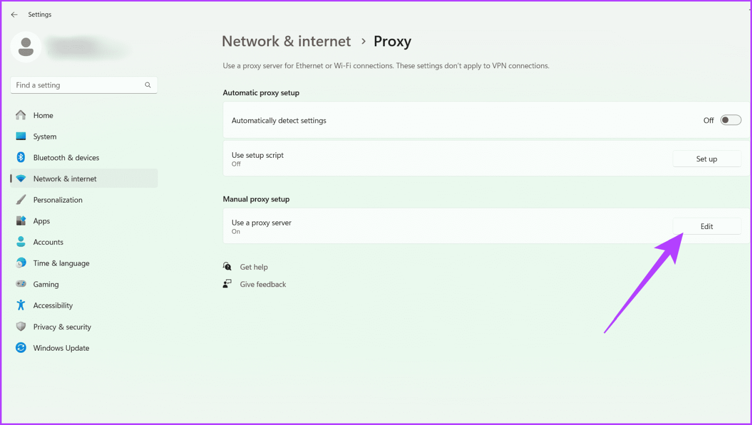 Нажмите «Изменить» рядом с пунктом «Использовать прокси-сервер» в разделе «Настройка прокси вручную».