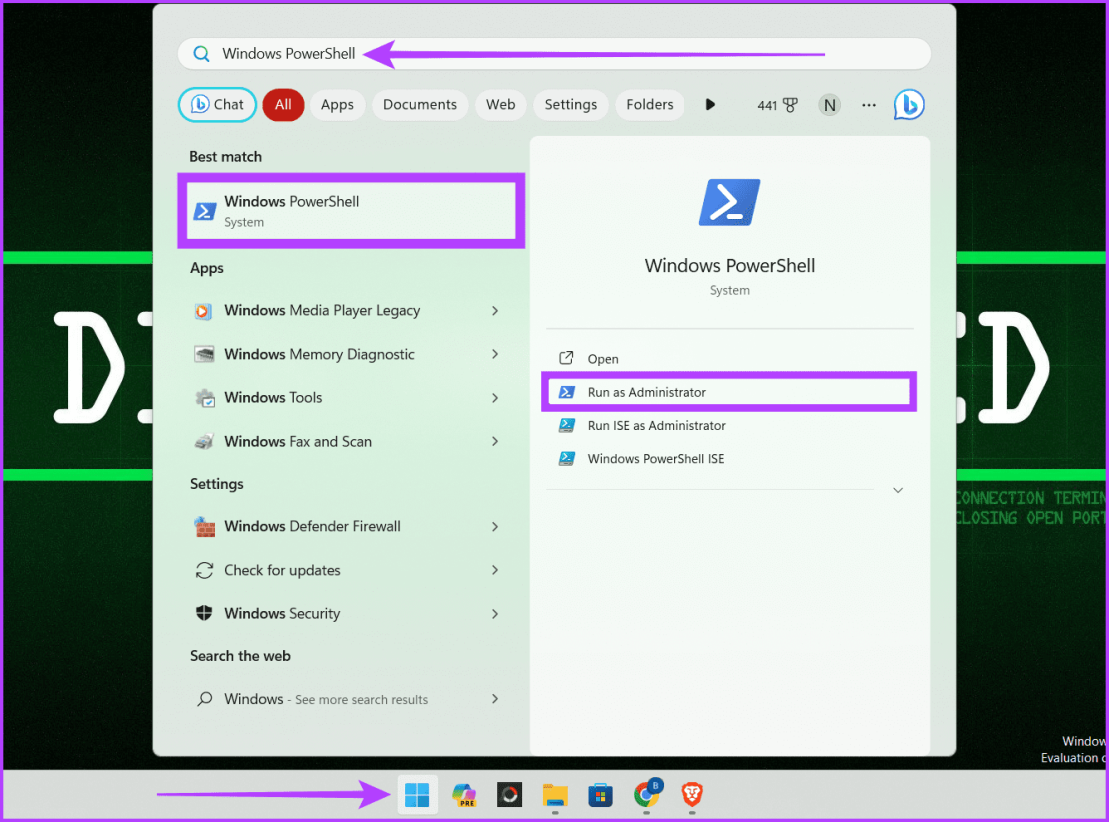 Щелкните значок Windows, найдите Windows PowerShell и запустите его от имени администратора.