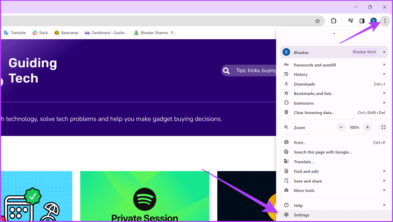 Нажмите значок из трех точек и выберите «Настройки».