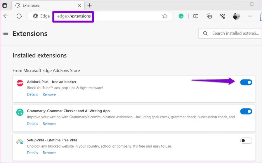 Отключить блокировку рекламы в Edge