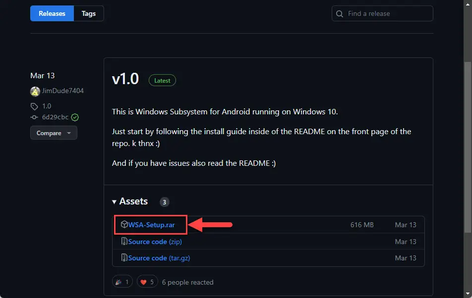 Загрузите файл установки WSA