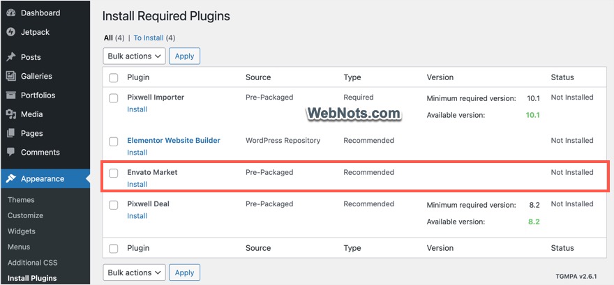 Плагин Envato Market в теме Pixwell