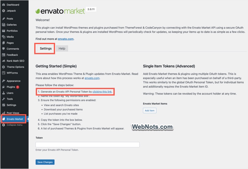 Настройки плагина Envato
