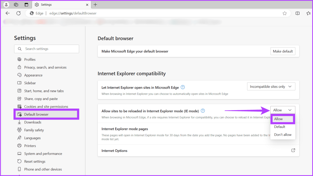 Перейдите в браузер по умолчанию и выберите «Разрешить» в раскрывающемся меню рядом с «Разрешить перезагрузку сайтов в режиме Internet Explorer».